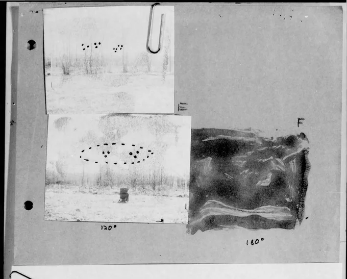 Project Blue Book field photographs showing object formation, 120° and 180°